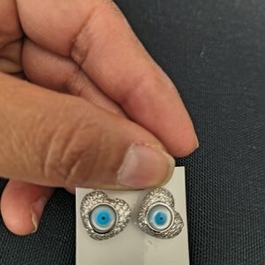 Turquoise Evil Eye Heart Stud Earrings - Silver Tone